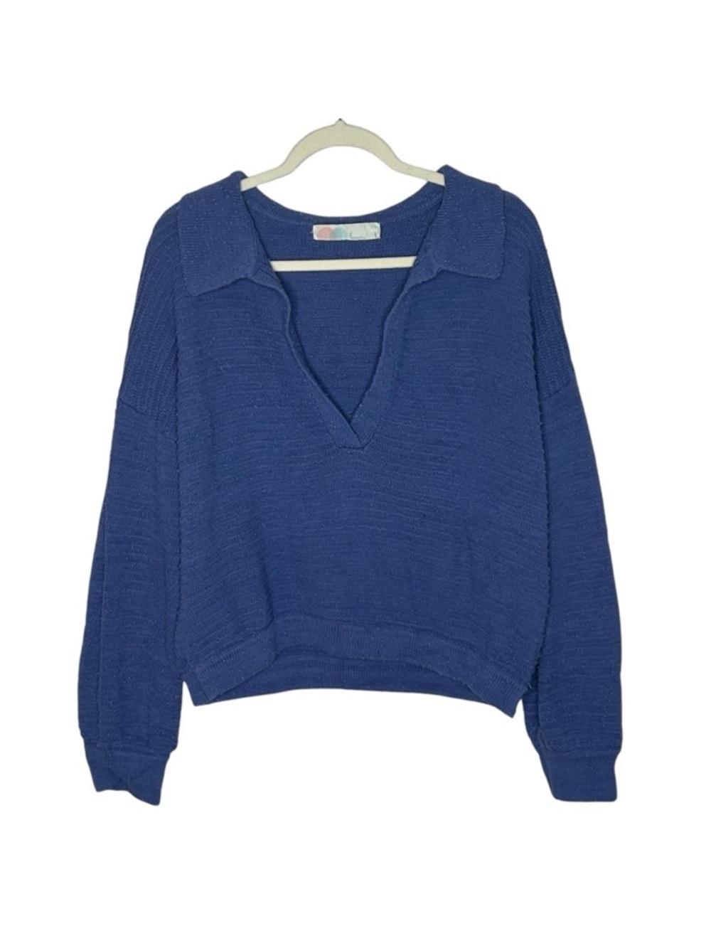 Free People Beach Blue Ribbed Chunkby Knot V-Neck Sweater size M boho chic 90s